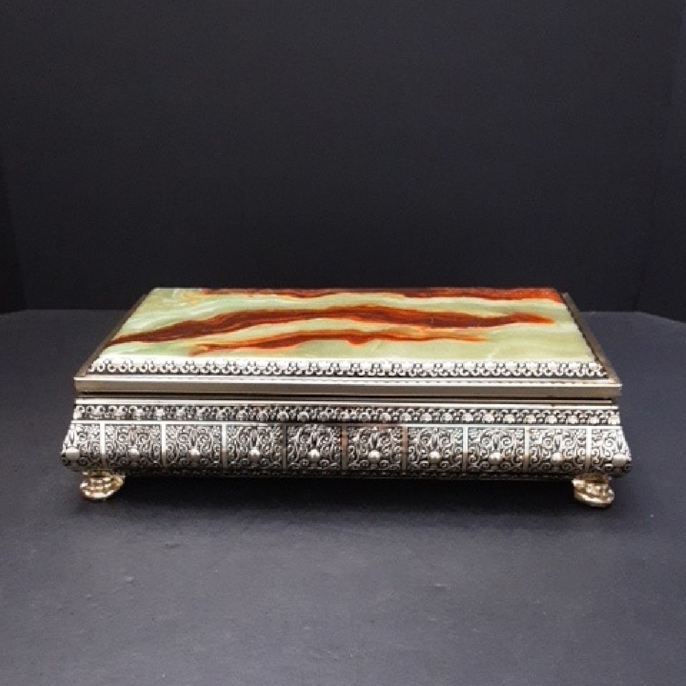 VGT,Blue Bird Green Faux Marble Footed Silver Confectionery Tin.